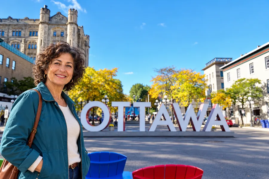Smiling single woman over 50 by the Ottawa sign in downtown Ottawa, Canada